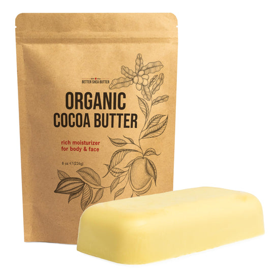 Better Shea Butter front pouch showing organic cocoa butter and resealable packaging benefits