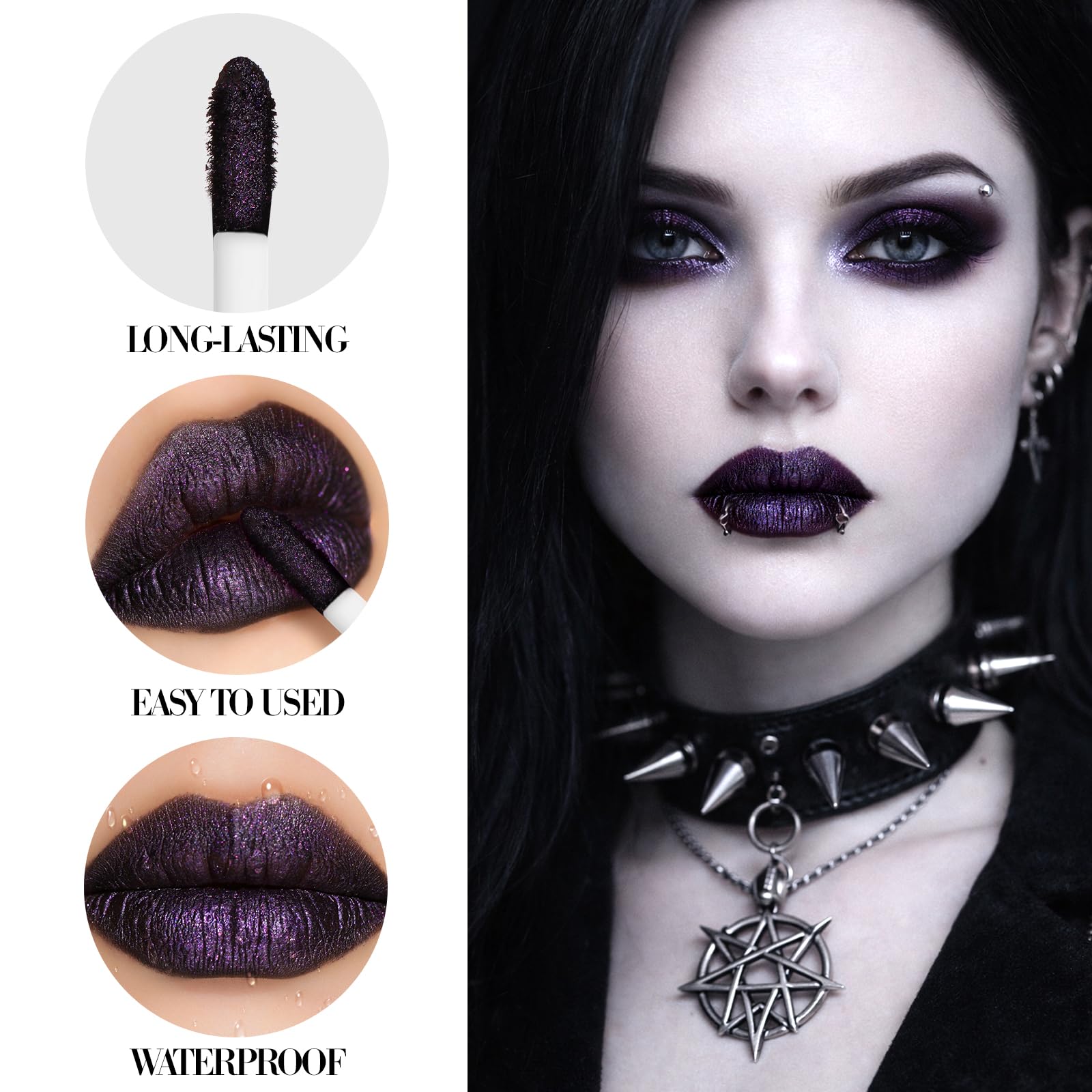 BEUSELF applied on lips closeup showing metallic purple payoff benefit dramatic color