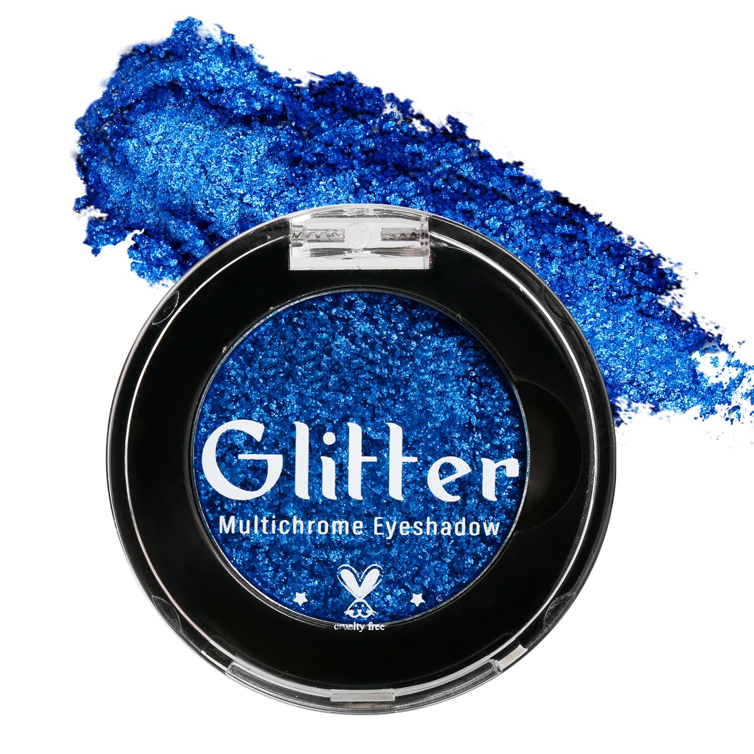 BEUSELF front compact showing royal blue glitter pan and portable design benefit