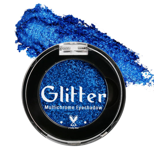 BEUSELF front compact showing royal blue glitter pan and portable design benefit