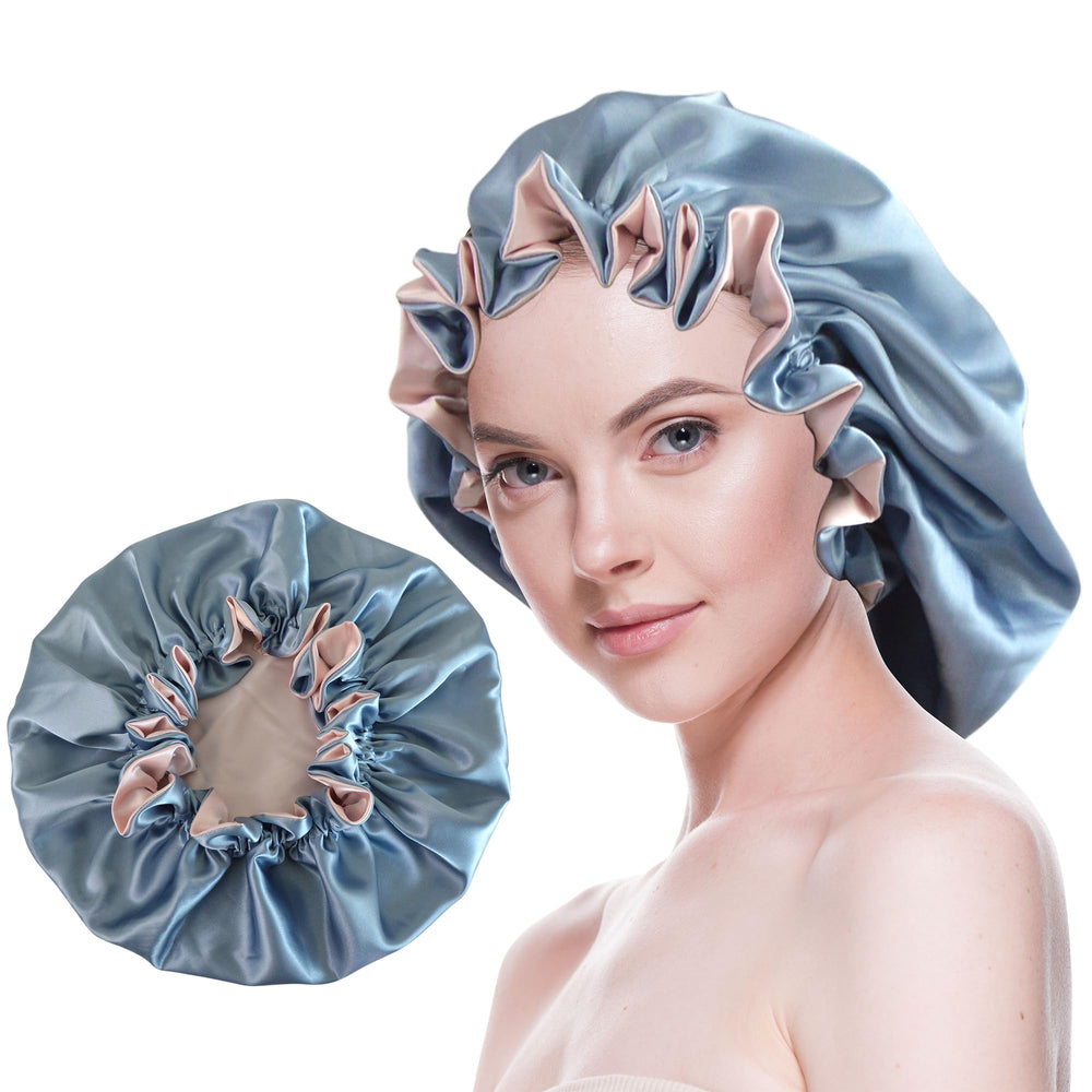 Beutyme dusty blue bonnet front view showing smooth satin and comfortable fit
