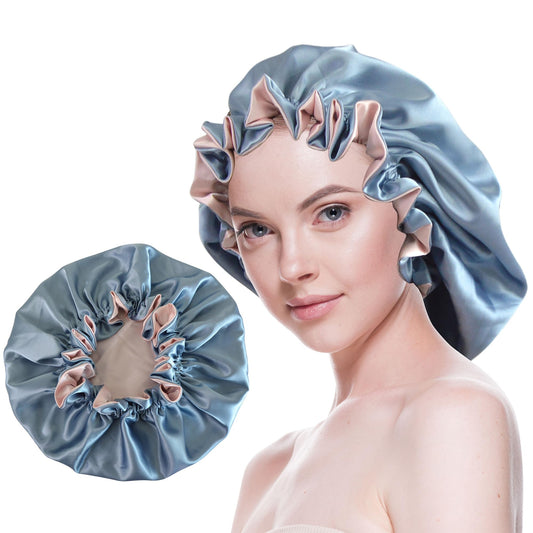 Beutyme dusty blue bonnet front view showing smooth satin and comfortable fit
