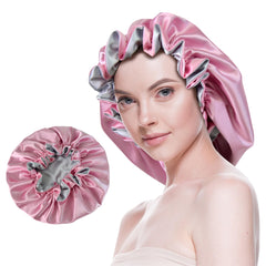 Beutyme front view pink bonnet showing smooth satin and secure elastic for protected hair