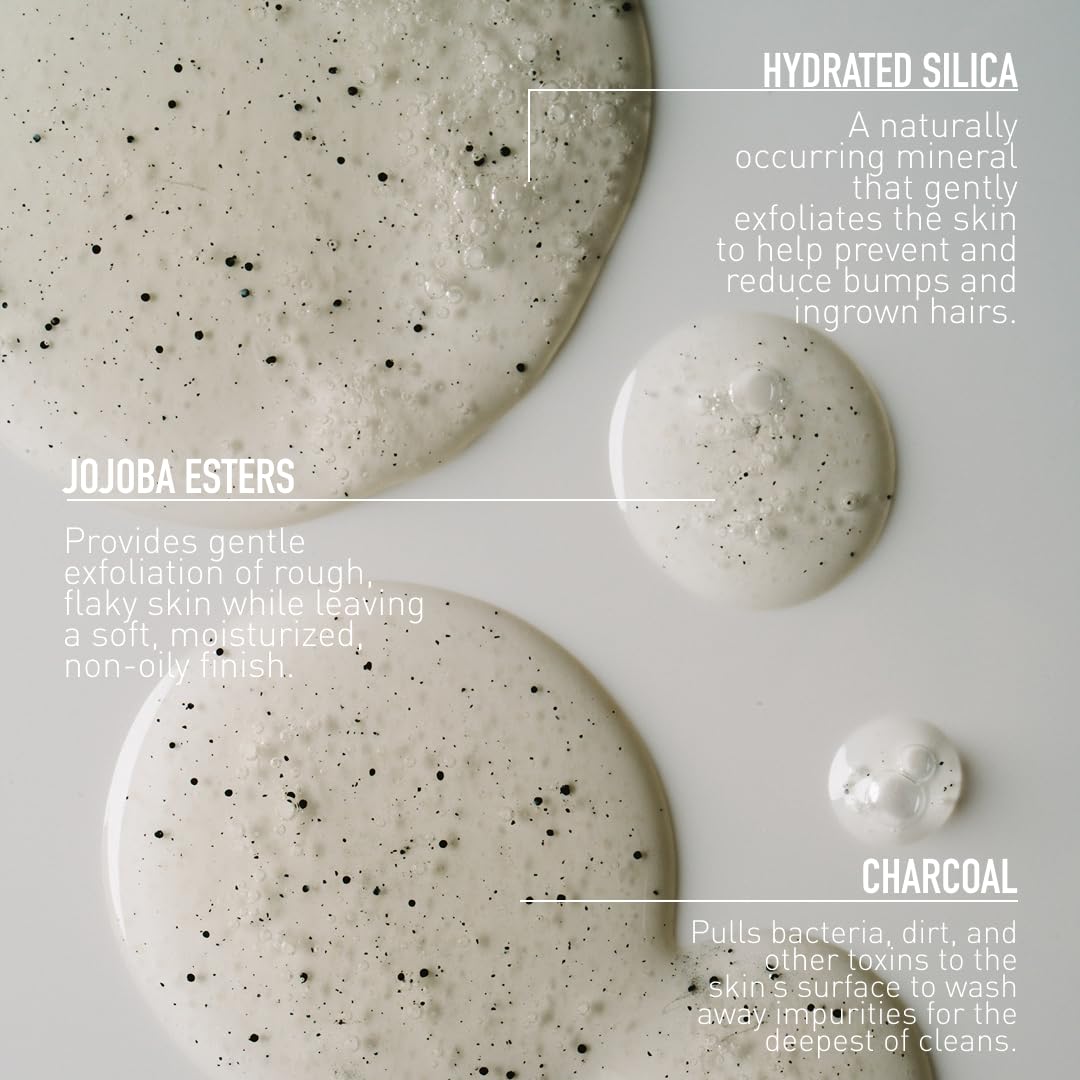 Bevel body wash lather with charcoal particles in hand, demonstrates cleansing power