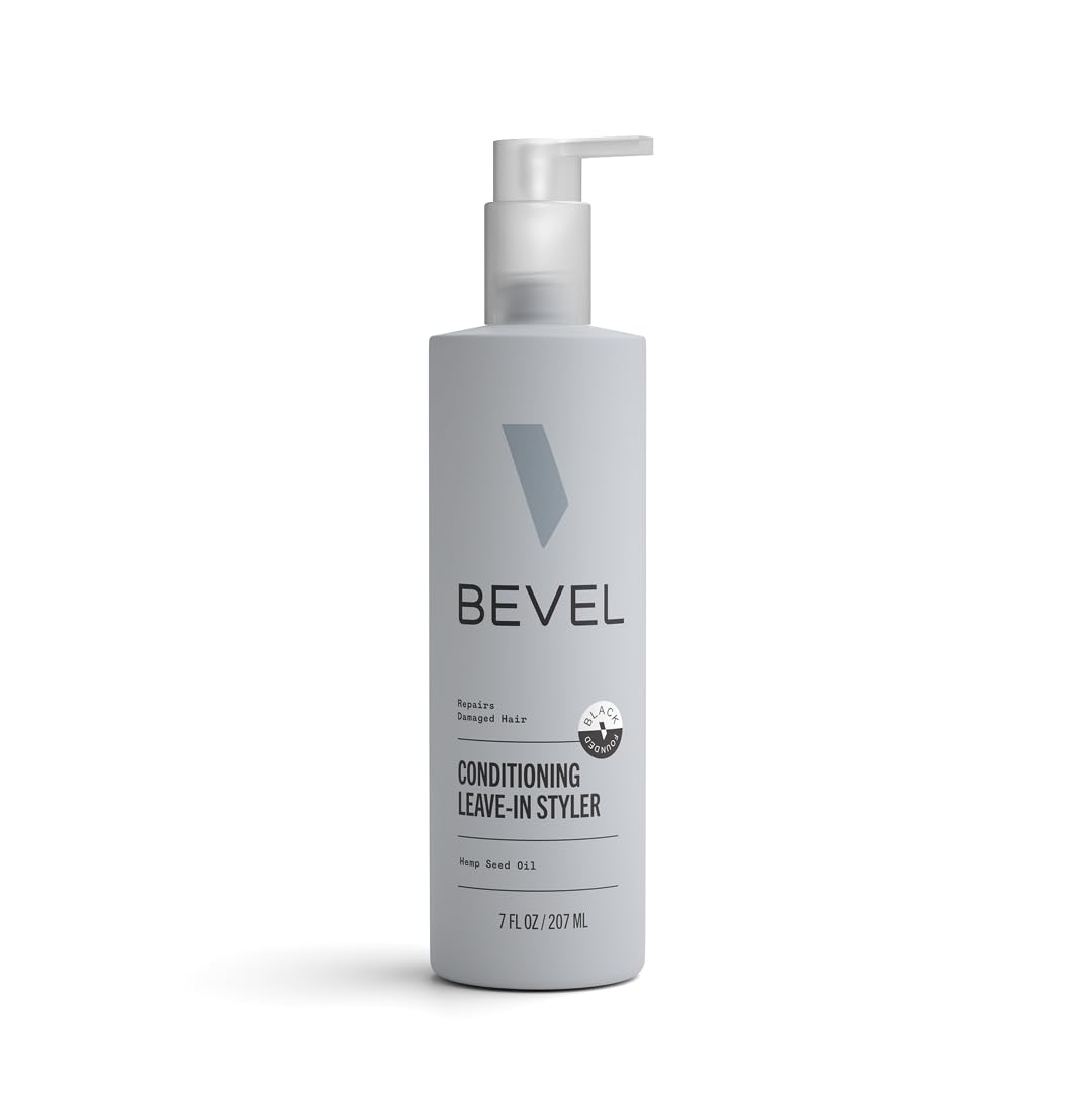 Bevel leave-in front packaging showing 7 oz bottle and label benefits