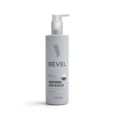 Bevel leave-in front packaging showing 7 oz bottle and label benefits
