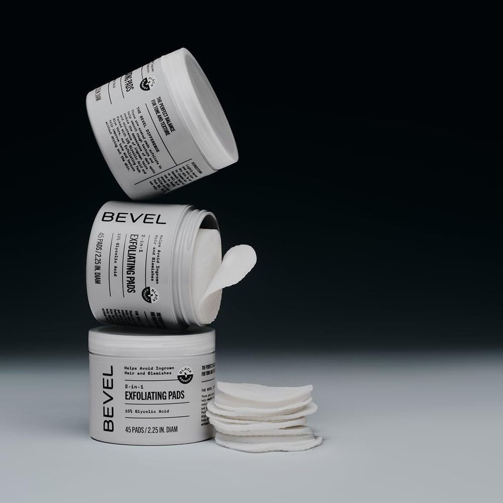 Bevel pads arranged on bathroom shelf suggesting daily skincare habit