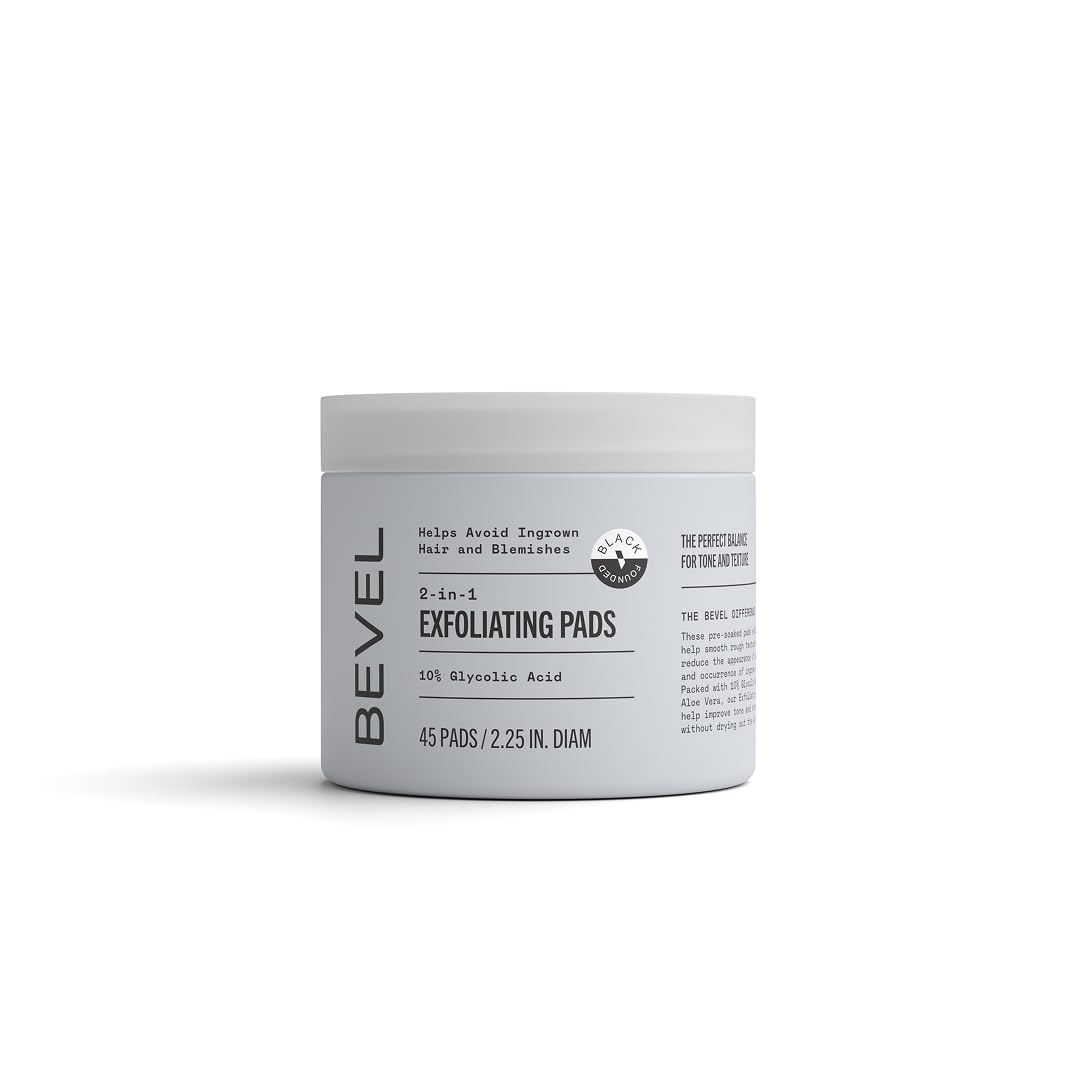 Bevel front packaging showing 45 exfoliating glycolic acid pads and benefits