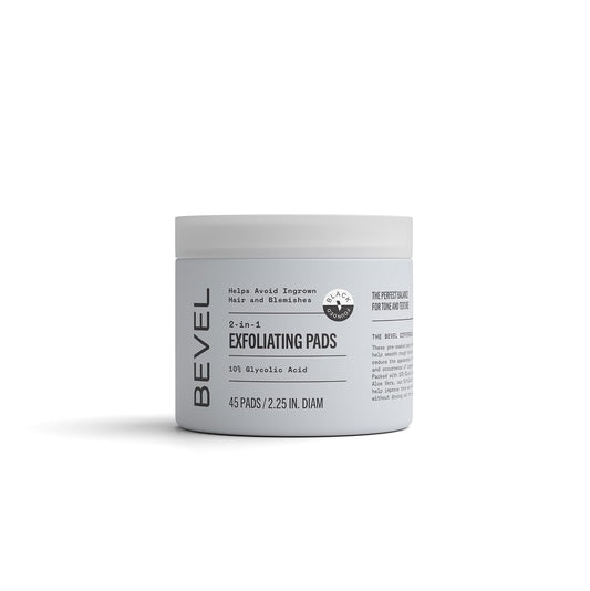 Bevel front packaging showing 45 exfoliating glycolic acid pads and benefits