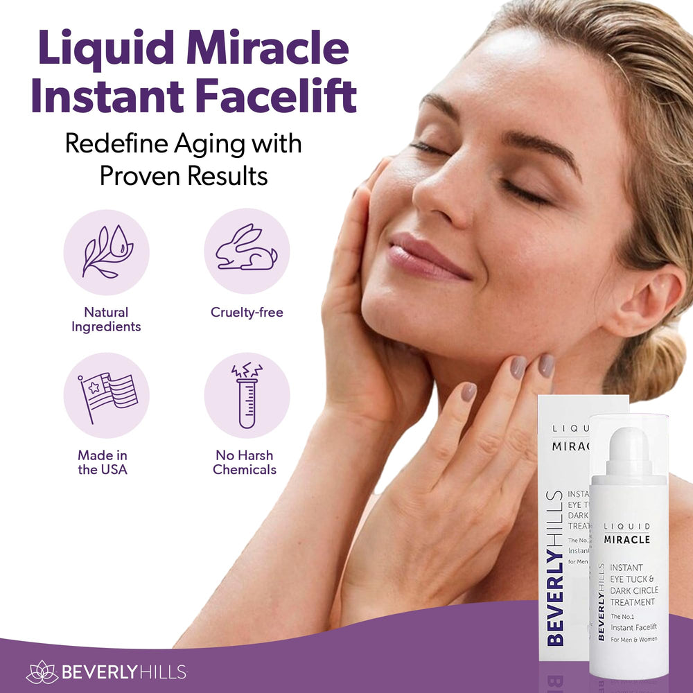 Beverly Hills serum beside makeup bag showing fast-absorbing base benefit