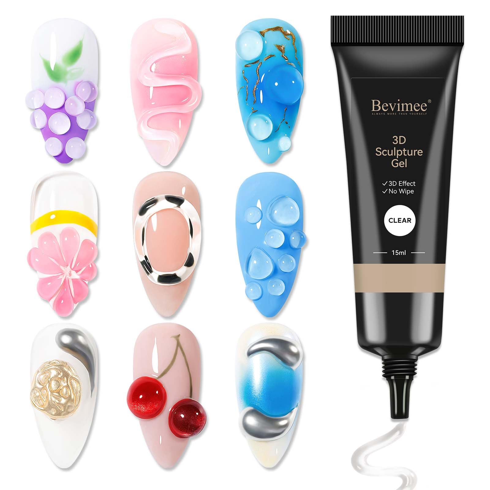 Bevimee tube front view showing clear sculpting gel and precise applicator benefit control