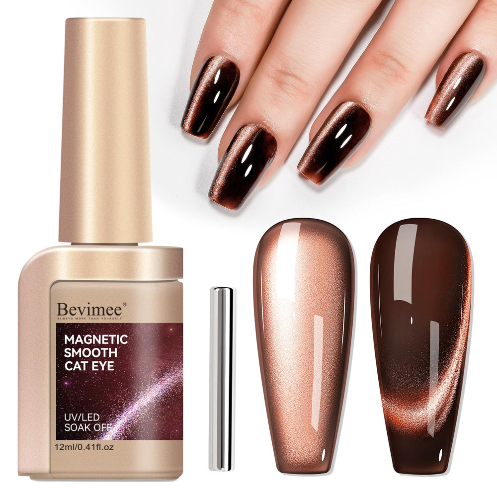 Bevimee front bottle showing brown cat eye gel polish and glossy dark shimmer benefit