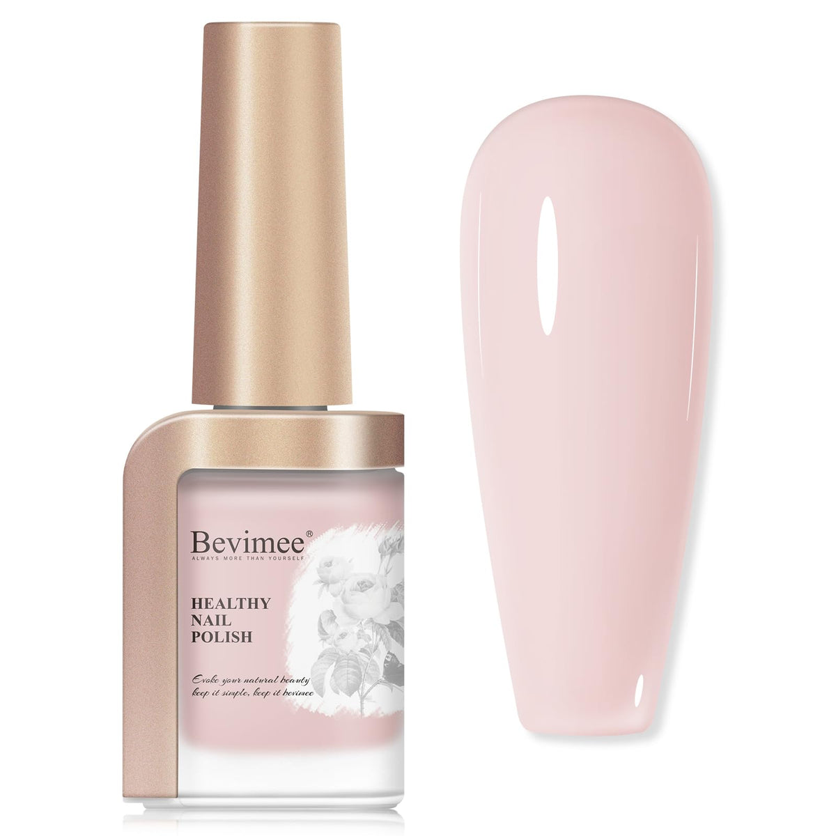Bevimee front bottle showing nude pink shade and quick-dry benefit