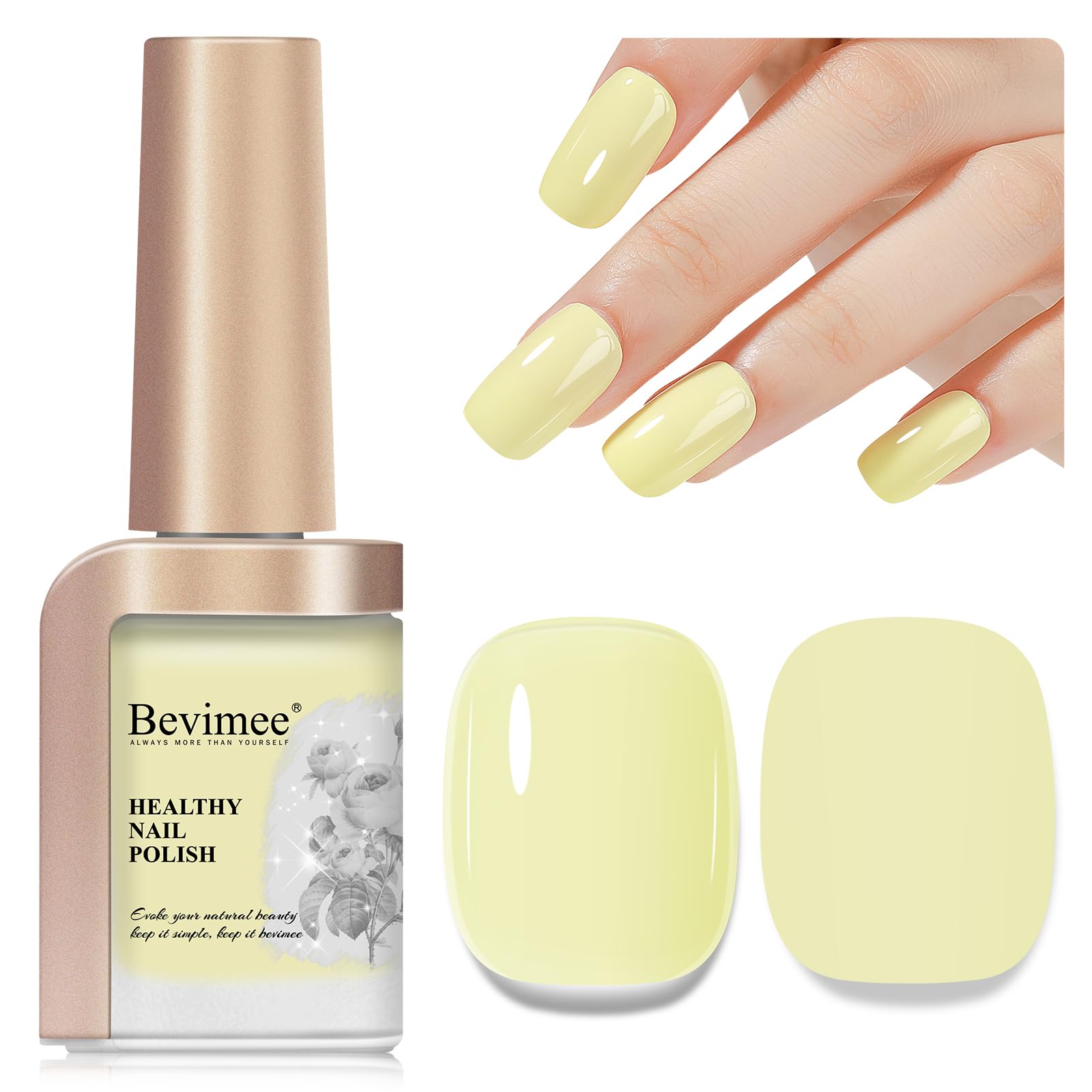 Bevimee front bottle showing pastel yellow shade and glossy finish