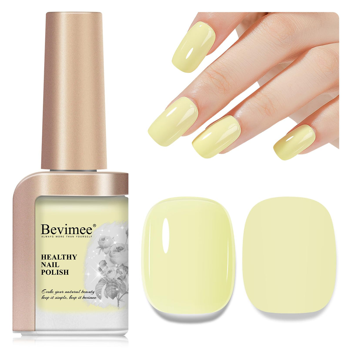 Bevimee front bottle showing pastel yellow shade and glossy finish