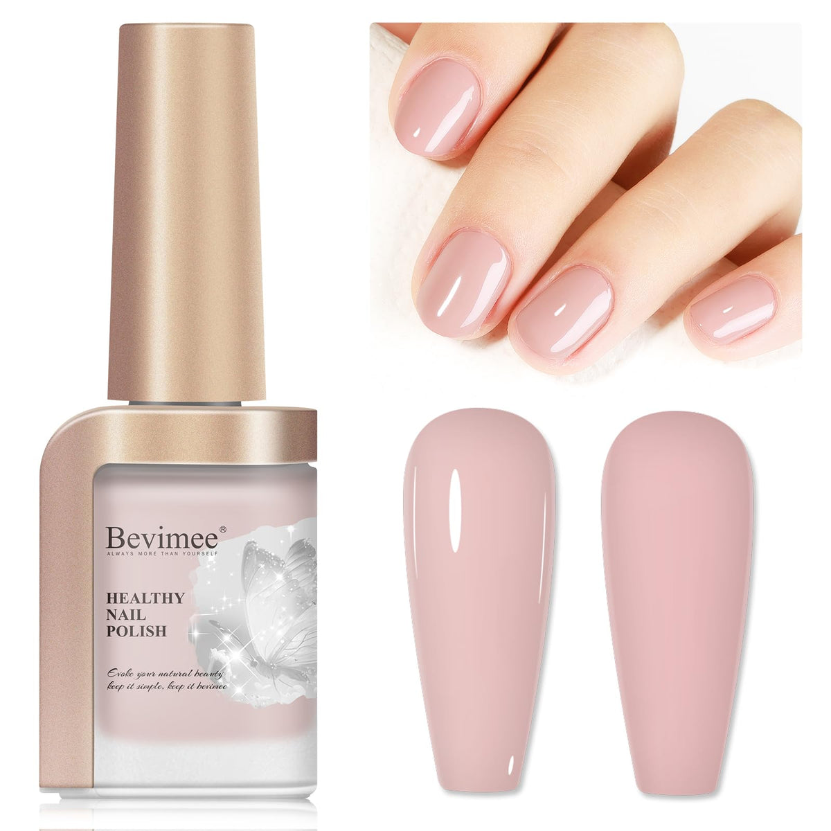 Bevimee bottle front packaging showing 12ML and natural nude shade benefit quick application