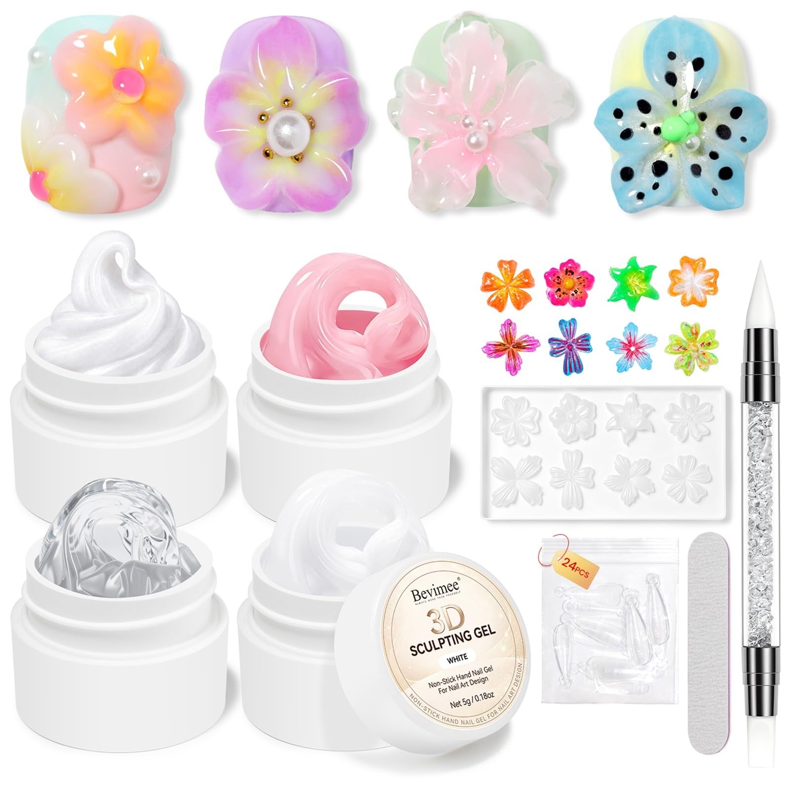 Bevimee front packaging showing four sculpting gel bottles and accessories for easy setup
