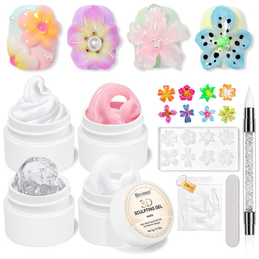 Bevimee front packaging showing four sculpting gel bottles and accessories for easy setup