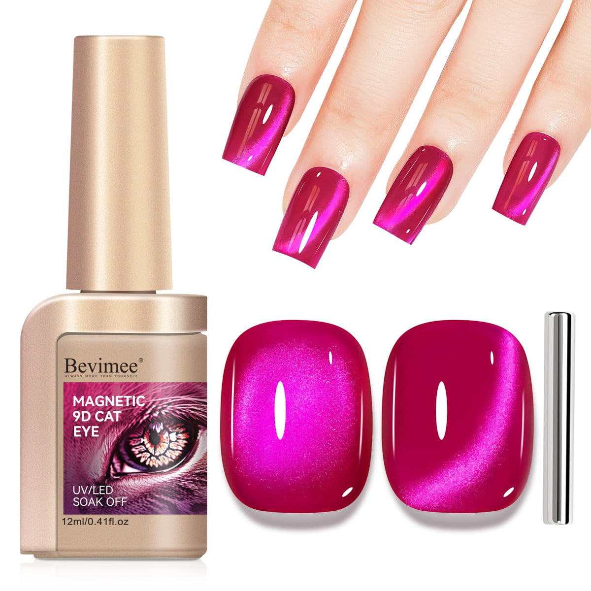 Bevimee front packaging showing hot pink magnetic gel, high-shine benefit