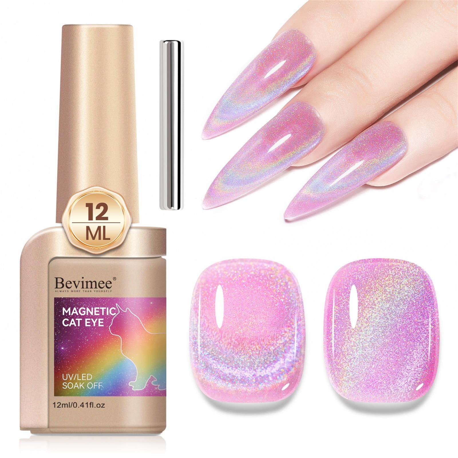 Bevimee front packaging showing holographic pink polish and benefits