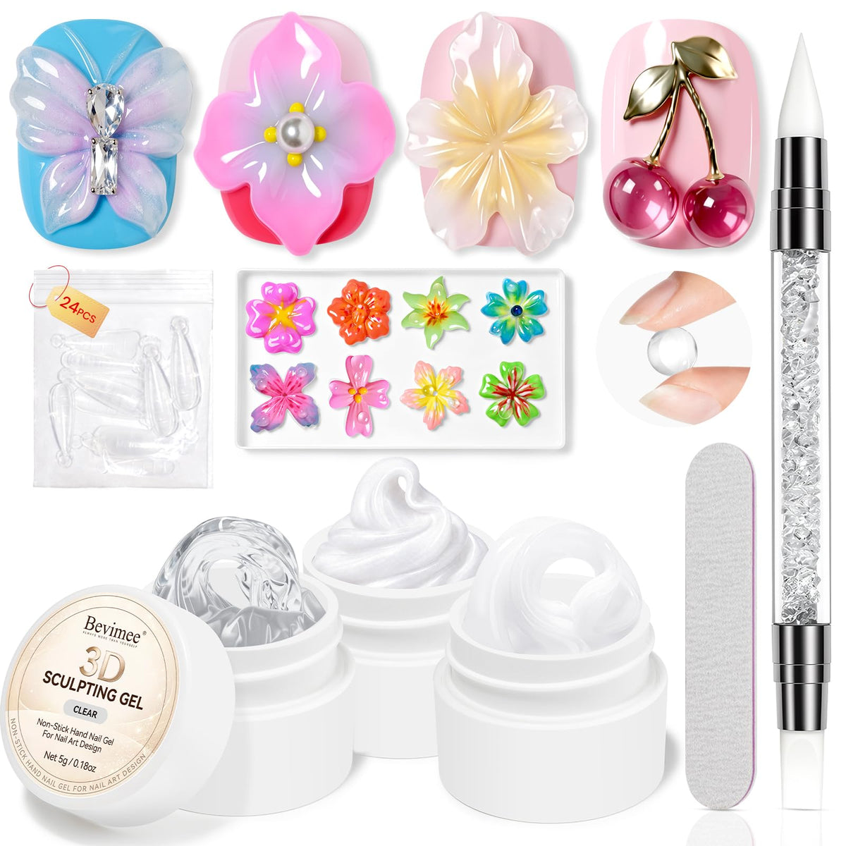 bevimee front packaging showing three small sculpting gel bottles and tools for neat setup