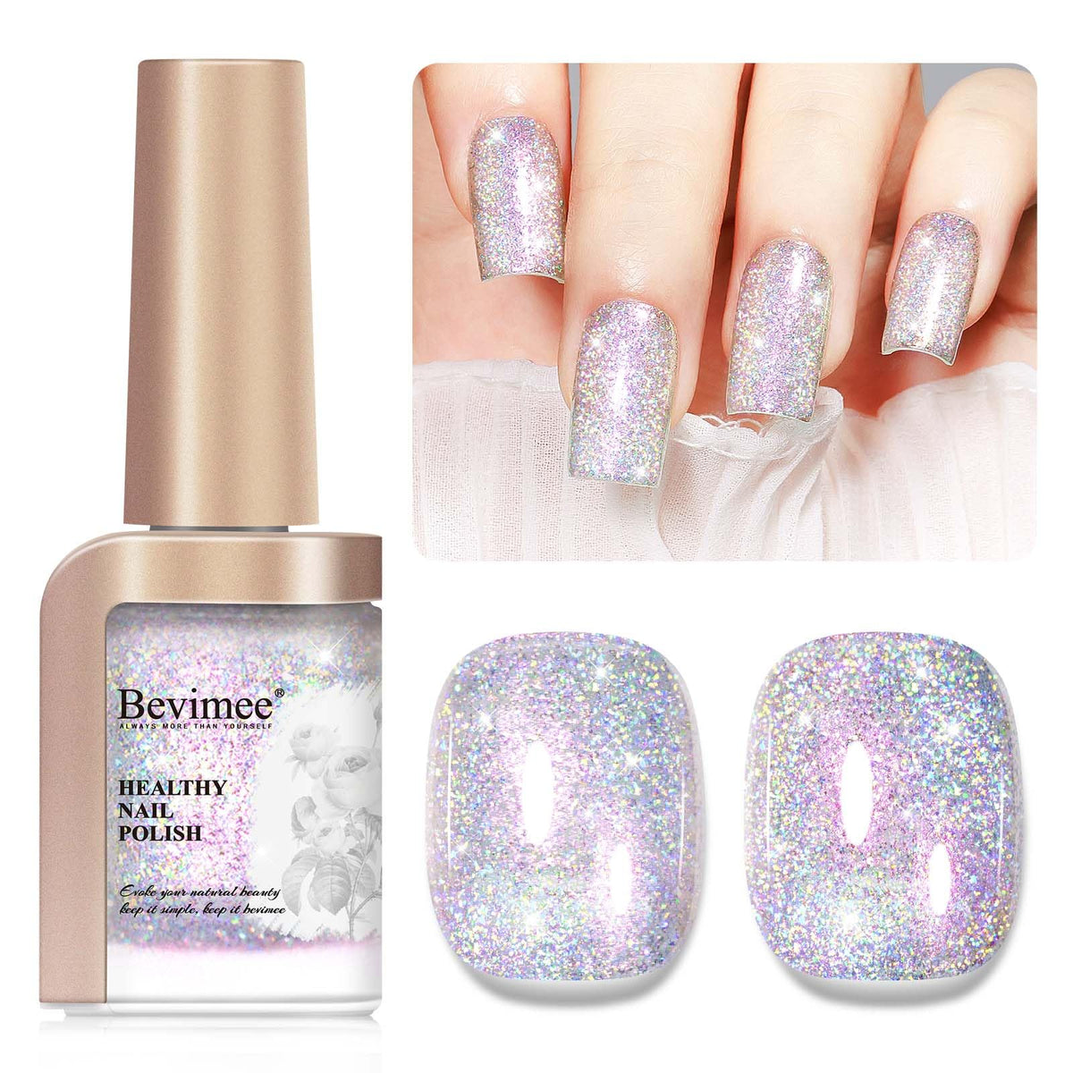 Bevimee front bottle showing glitter finish and quick-dry benefit