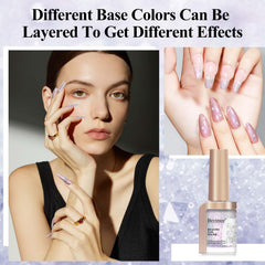 Bevimee on manicured fingers demonstrating reflective shine benefit
