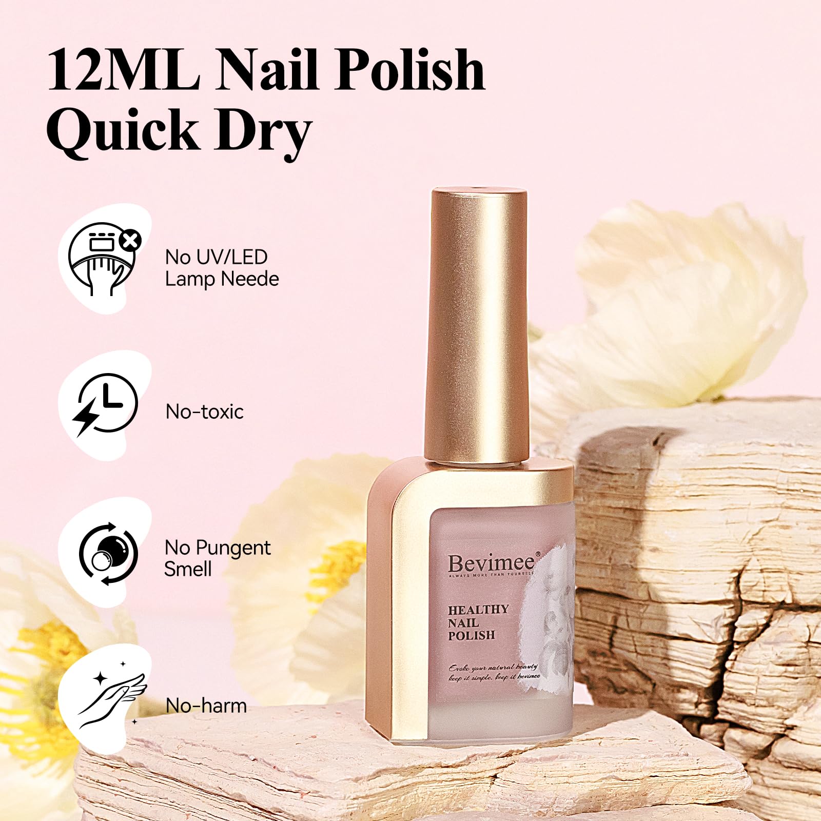 Bevimee applied on hand model illustrating quick dry, natural-looking manicure