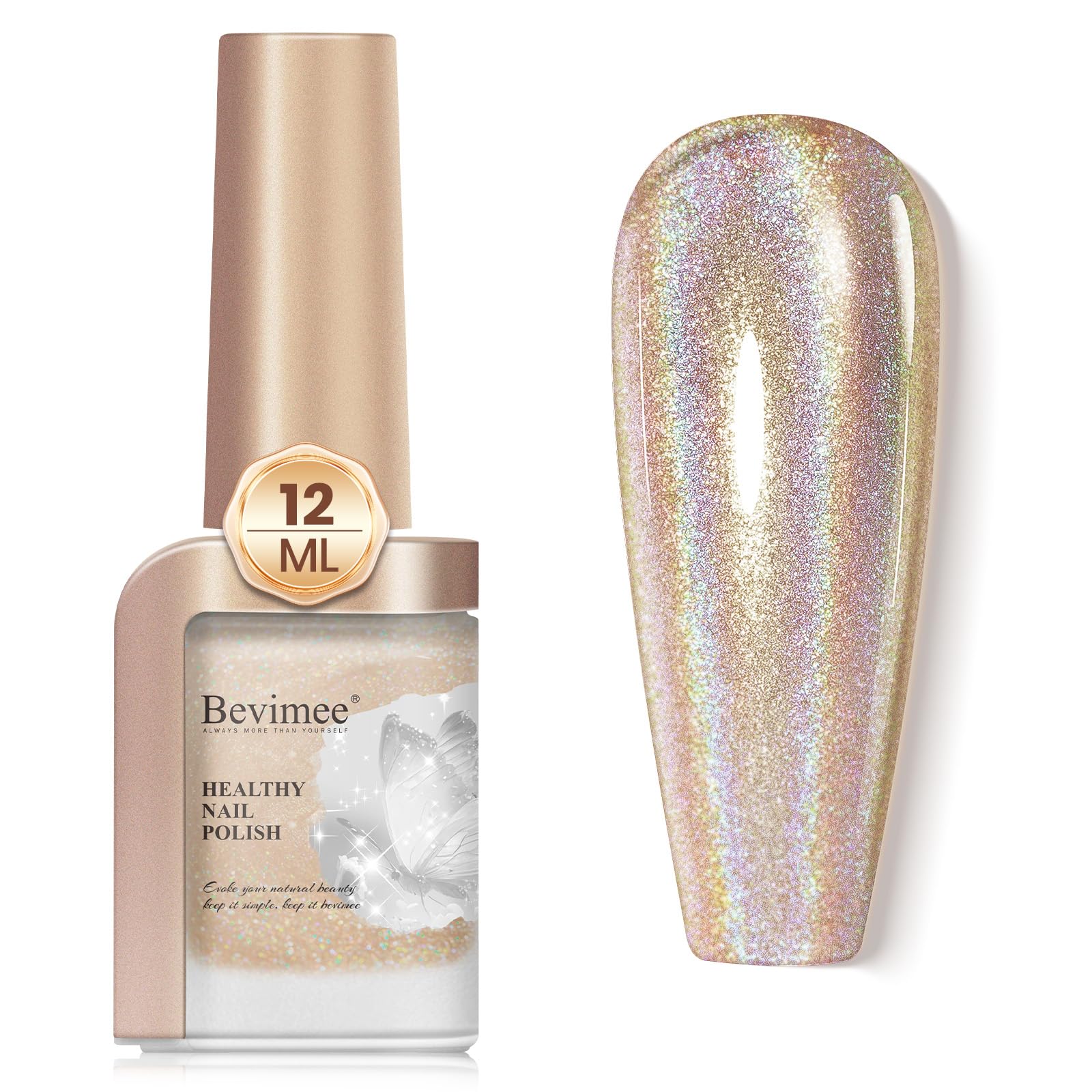 Bevimee front bottle showing holographic polish and label benefits