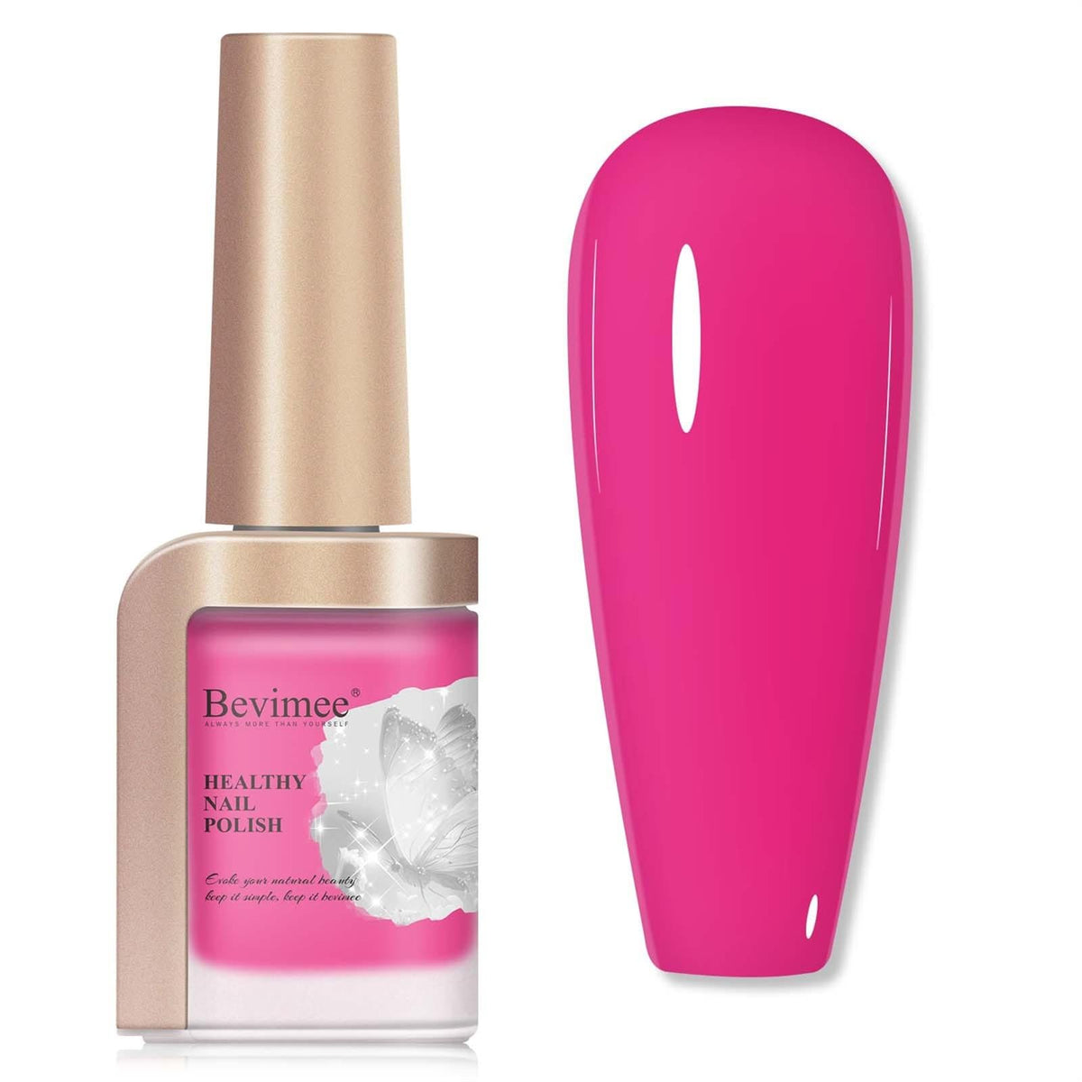 Bevimee front bottle showing hot pink shade and quick-dry benefit