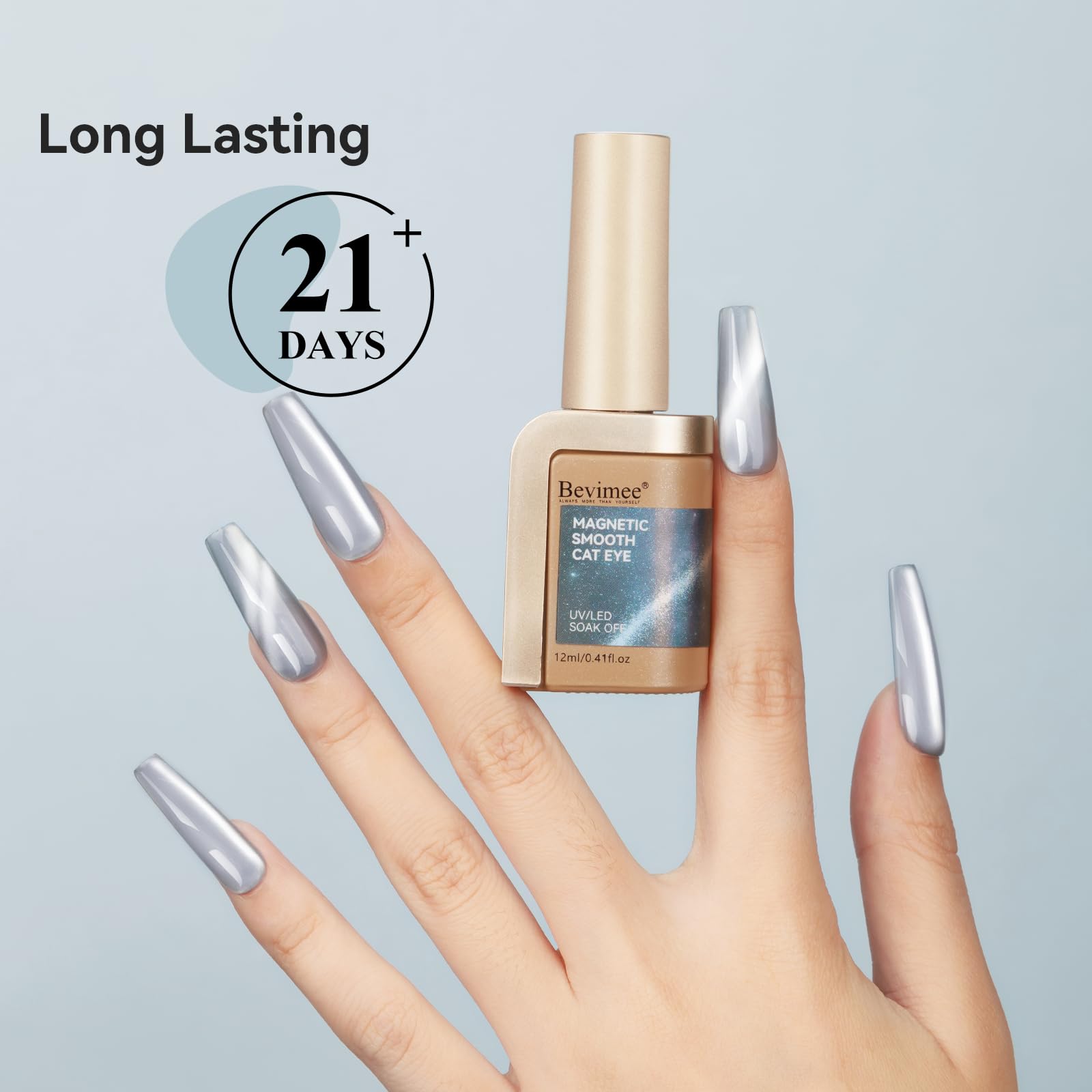 Bevimee mannequin hand showcasing finished manicure for at-home salon look