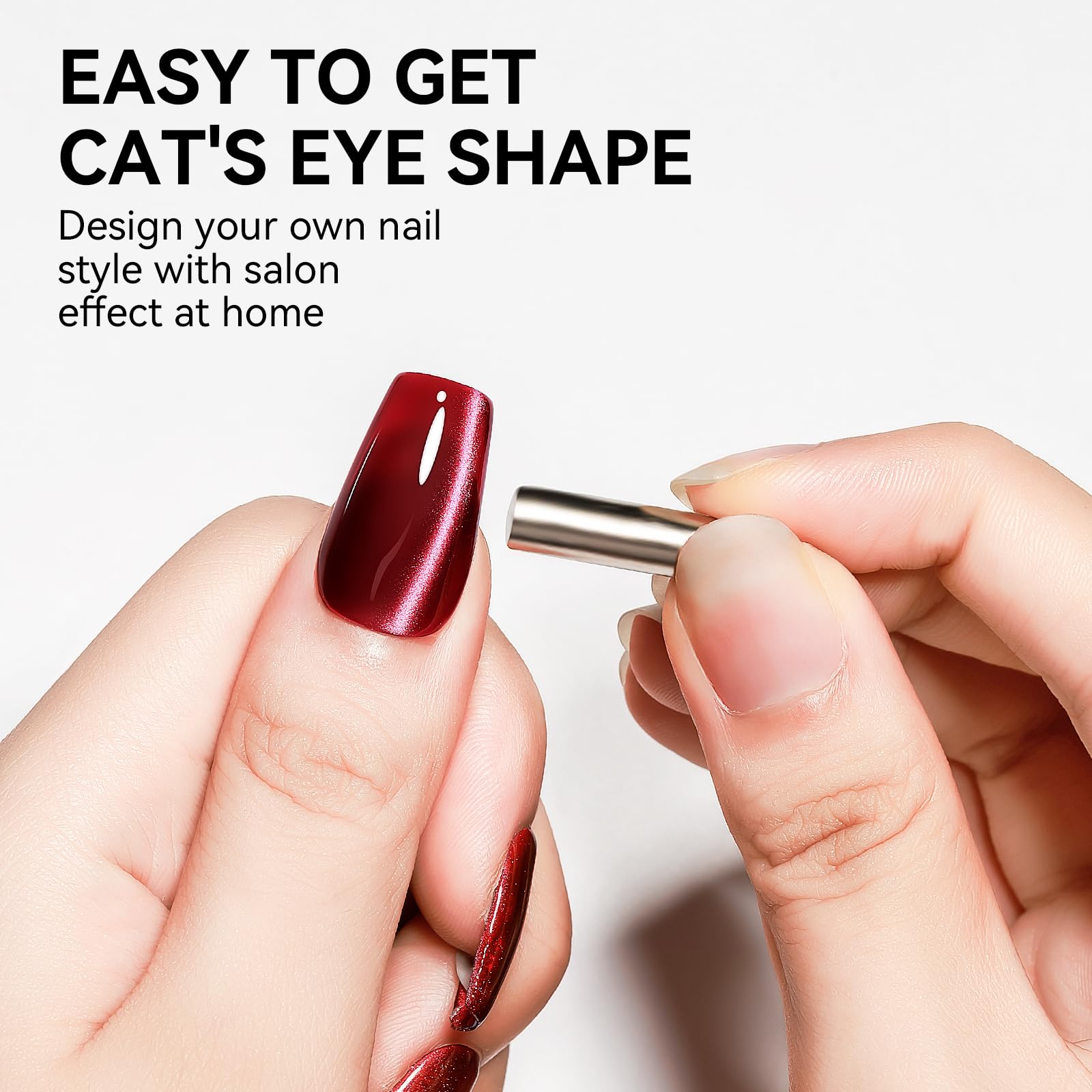 Bevimee applied on a single nail in studio lighting benefit visible cat-eye stripe effect