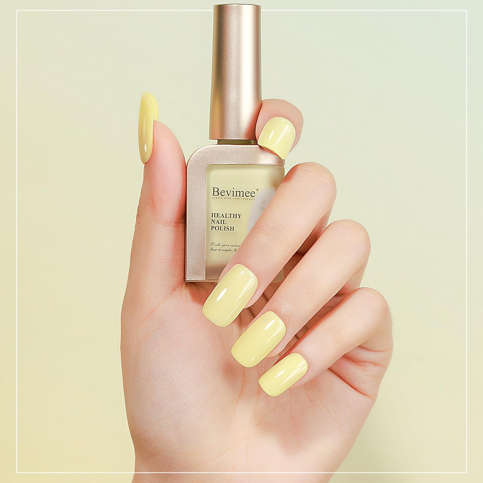 Bevimee swatch on fingernail illustrating sheer buildable yellow