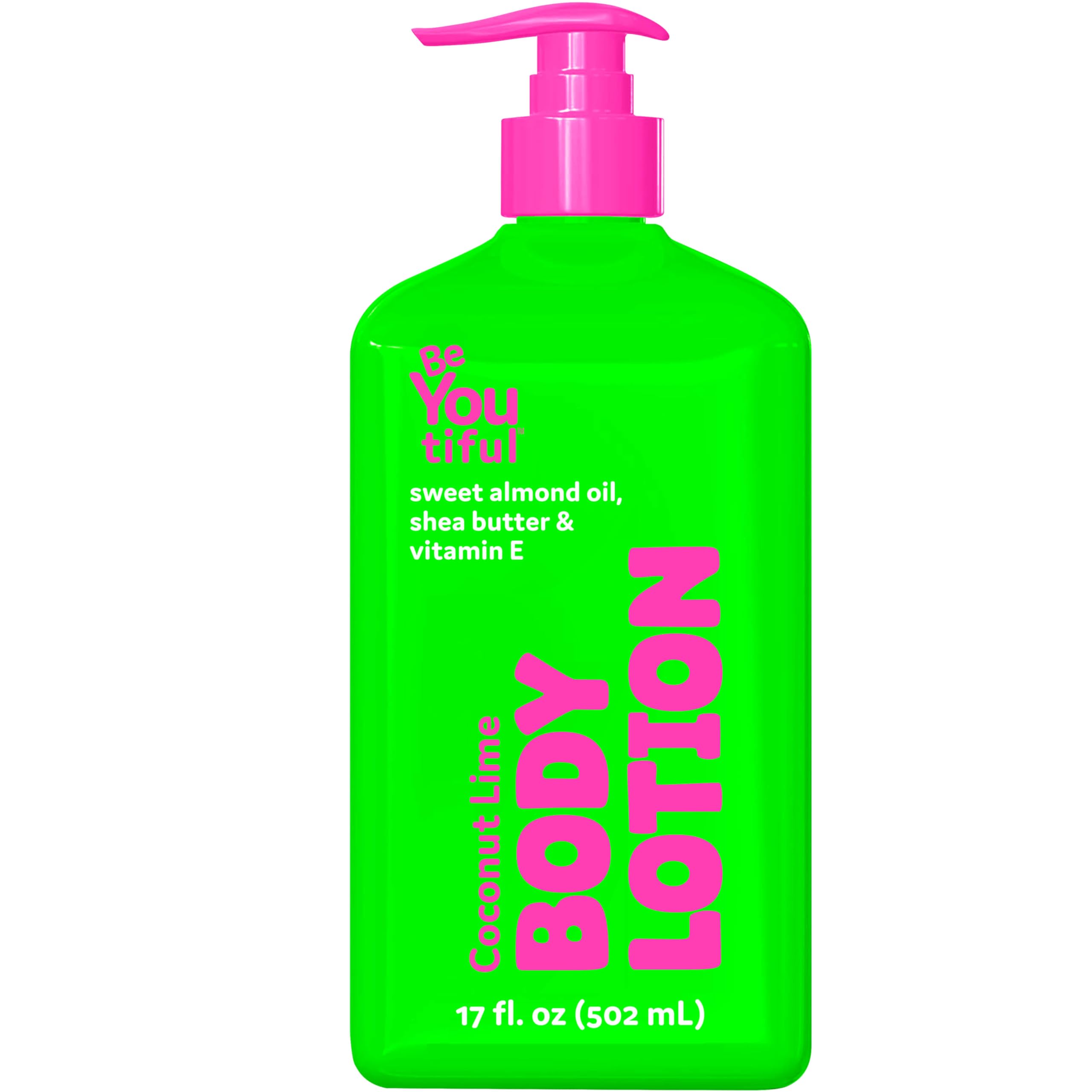 BeYoutiful front bottle showing label and coconut lime scent benefits