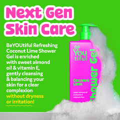 BeYoutiful bottle in shower being used for quick, hydrating cleanse