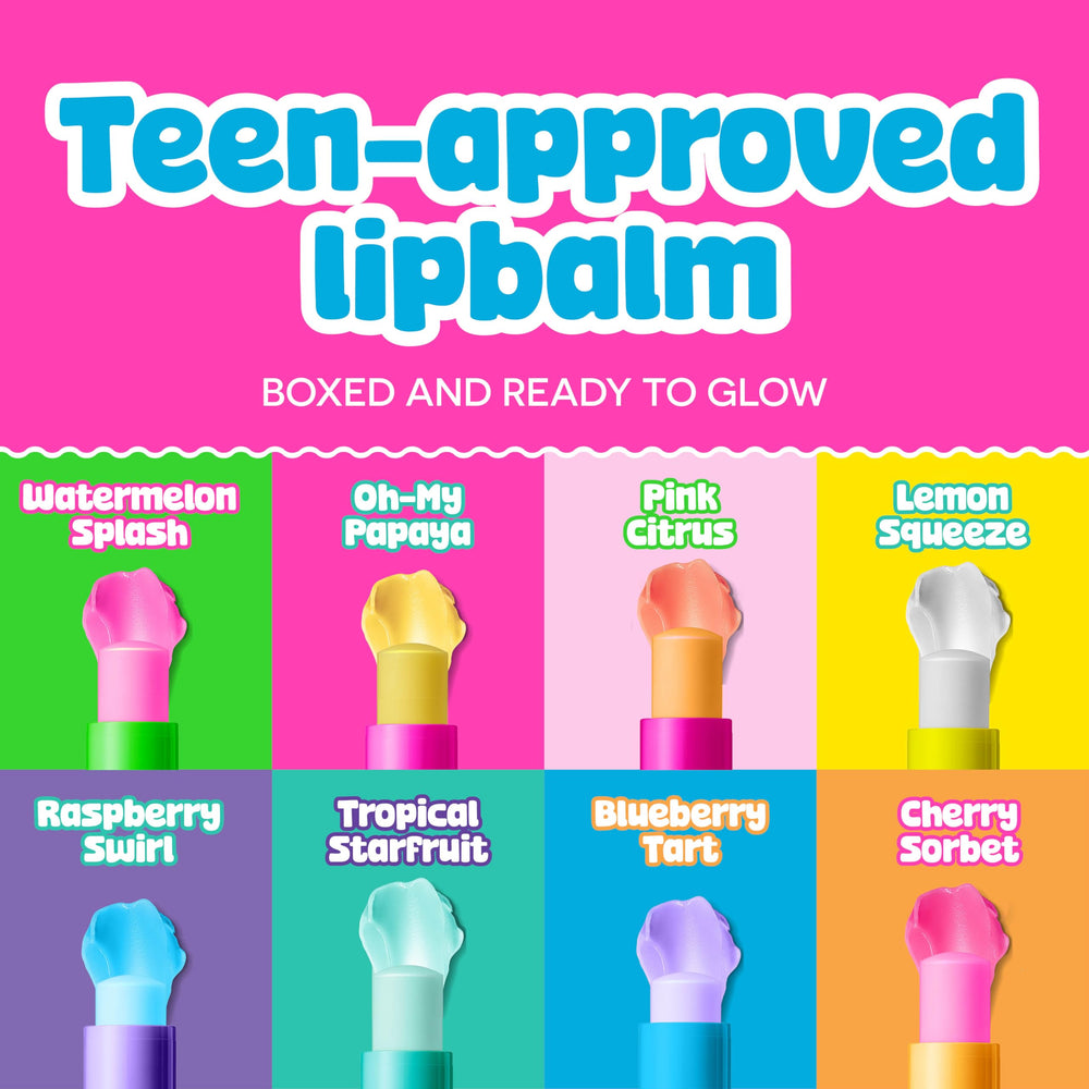 BeYoutiful eight lip balm tubes arranged by flavor showing selection benefit: variety for daily use