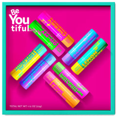 BeYoutiful gift box front view showing all eight lip balms and colorful packaging benefit: easy gifting