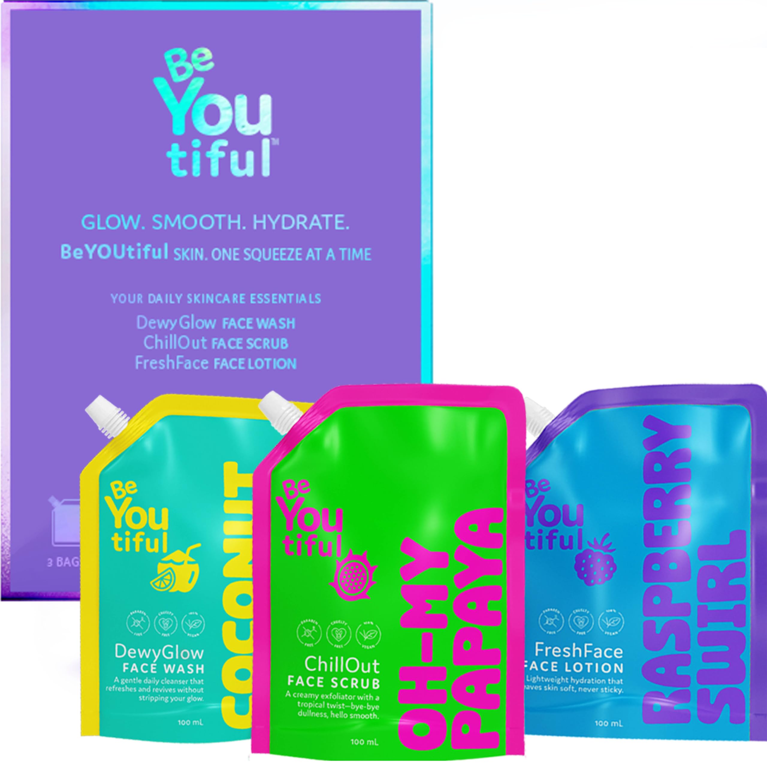 BeYoutiful front packaging of three pouches showing kit convenience