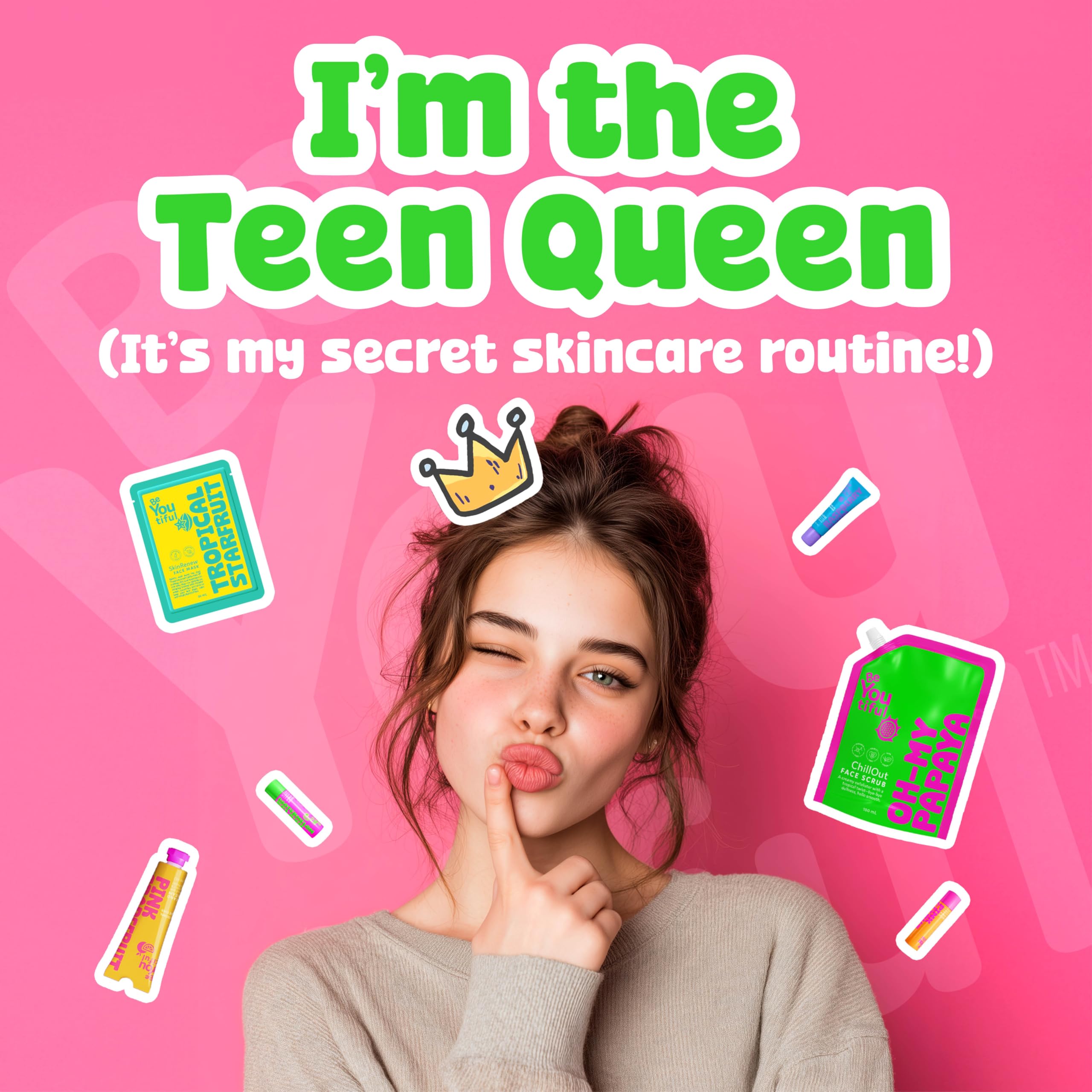 BeYoutiful teen holding a balm smiling outdoors showing confidence benefit: comfortable, non-waxy wear