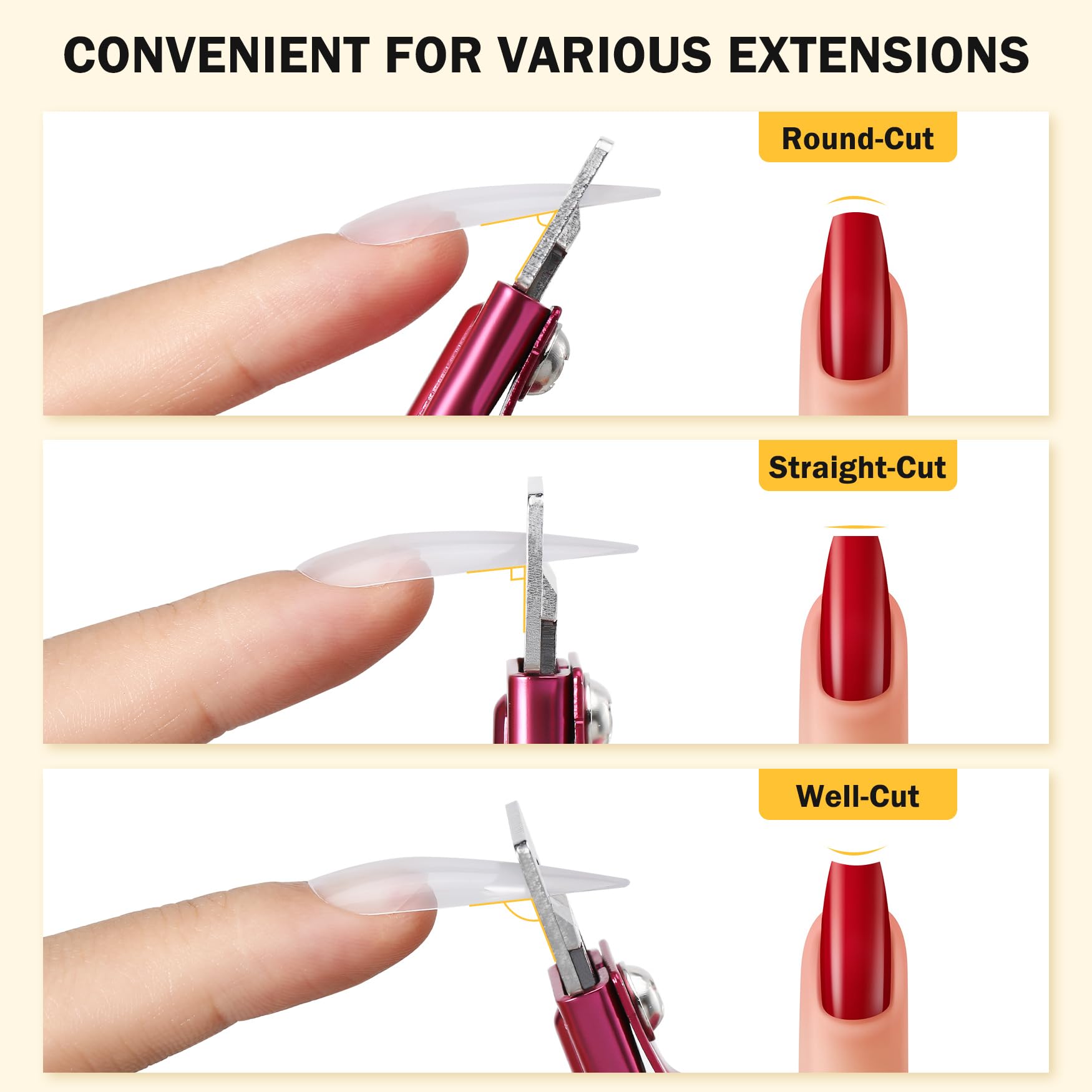BEZOX demonstration of three cutting angles for versatile nail finishing