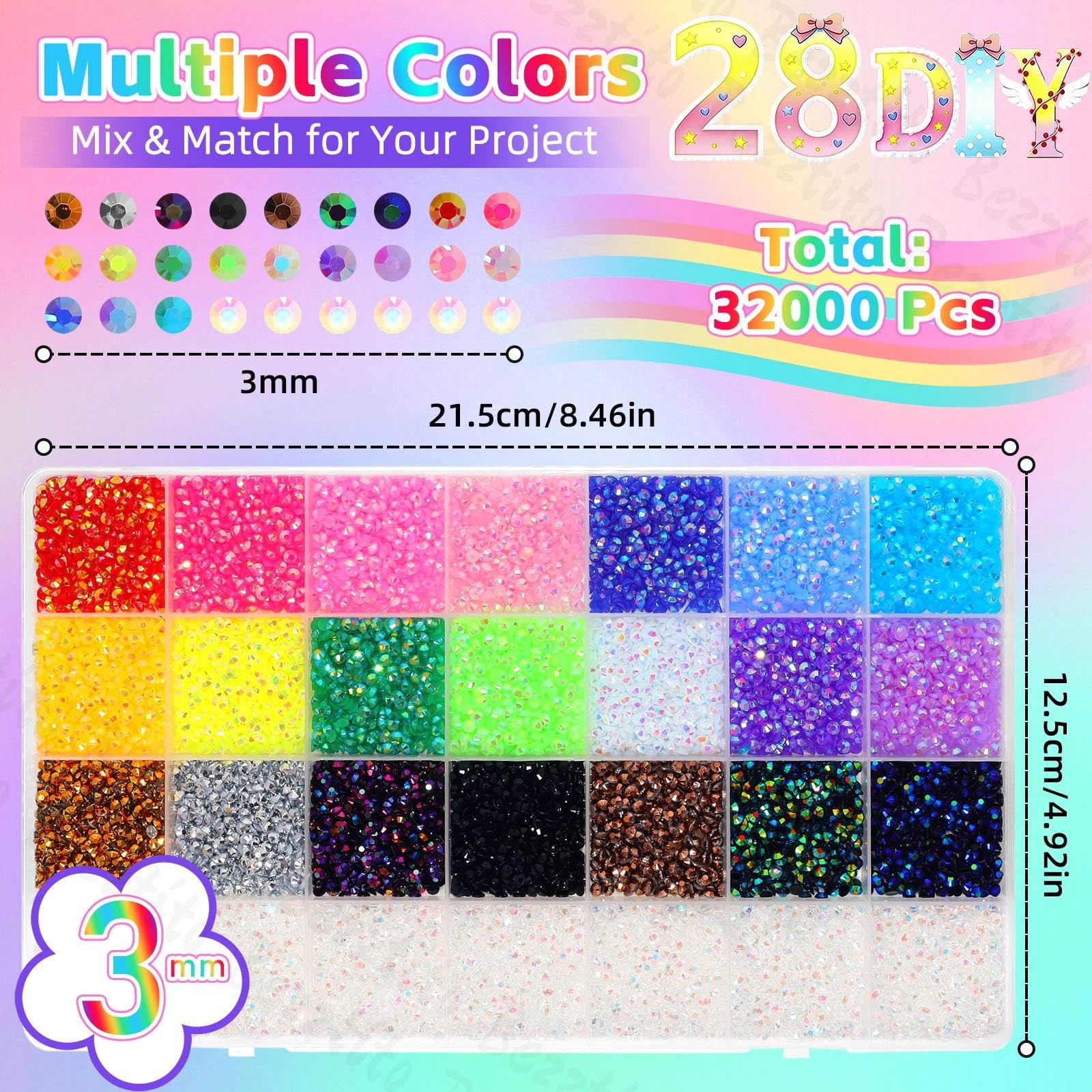 bezztito close-up jelly texture of 3mm rhinestones, vibrant light-catching finish