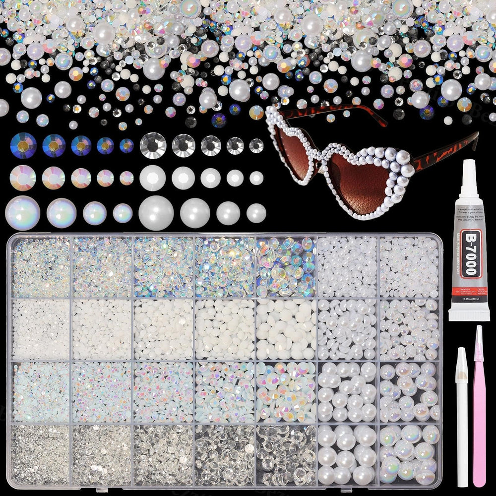 Bezztito front packaging showing mixed rhinestones and pearls for easy selection
