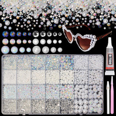Bezztito front packaging showing mixed rhinestones and pearls for easy selection