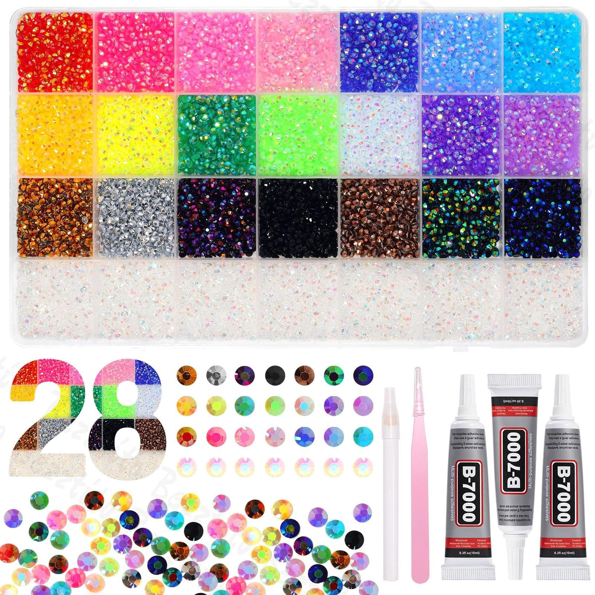 bezztito front packaging showing 32000 rhinestones kit, instant project readiness