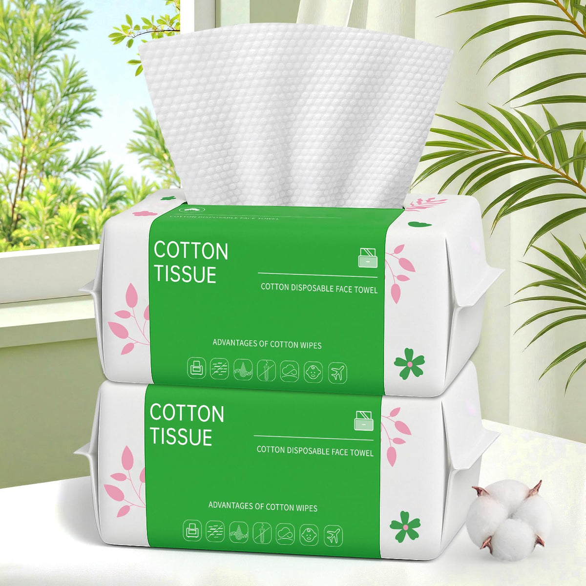 BFHKXW front pack showing 100-count biodegradable face towels, convenient dispensing