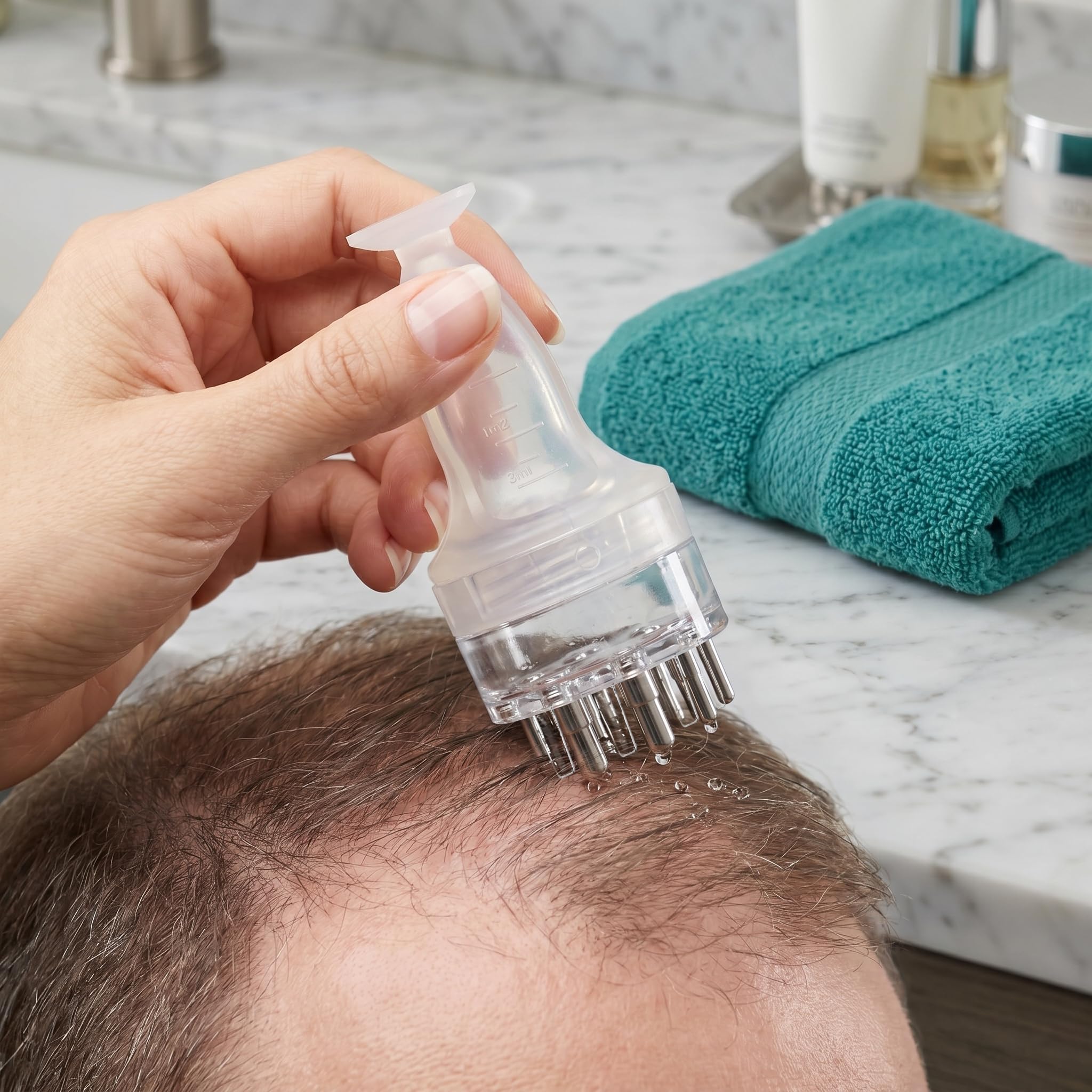 BFYQACEJRTG applicator in use applying serum directly to scalp accurately