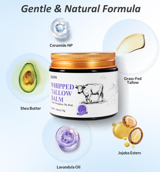 BGDFR whipped tallow texture close-up melting on skin for smooth spreadability