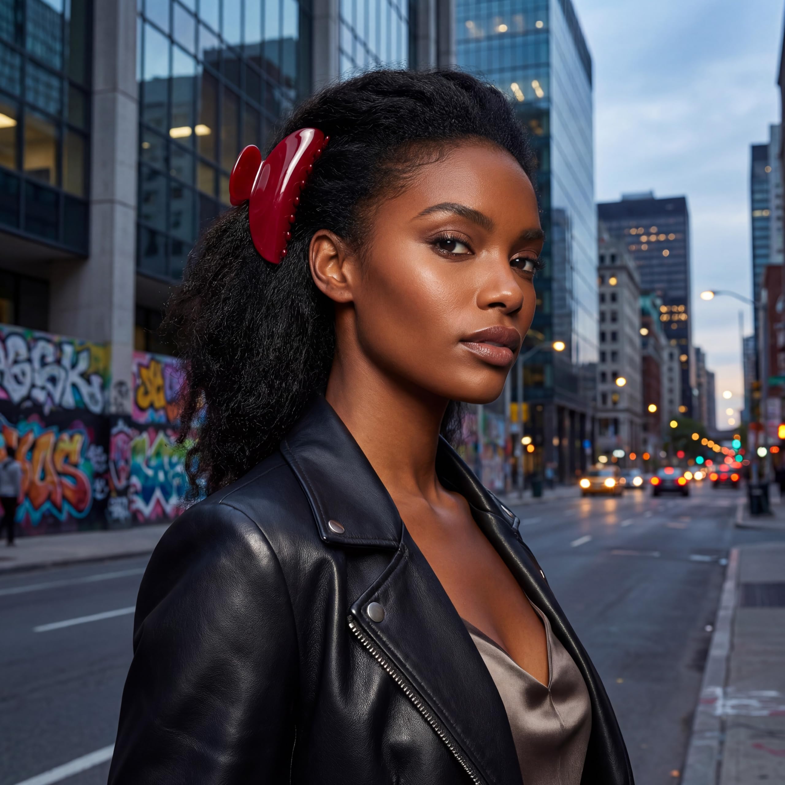 Bgffuy red claw clip in use half-up hairstyle demonstrating quick, polished styling