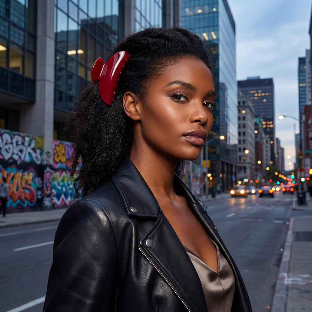 Bgffuy red claw clip in use half-up hairstyle demonstrating quick, polished styling