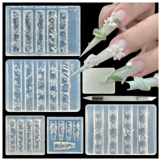 BHCCXZ front view of five silicone flower molds showing full set and benefit easy storage